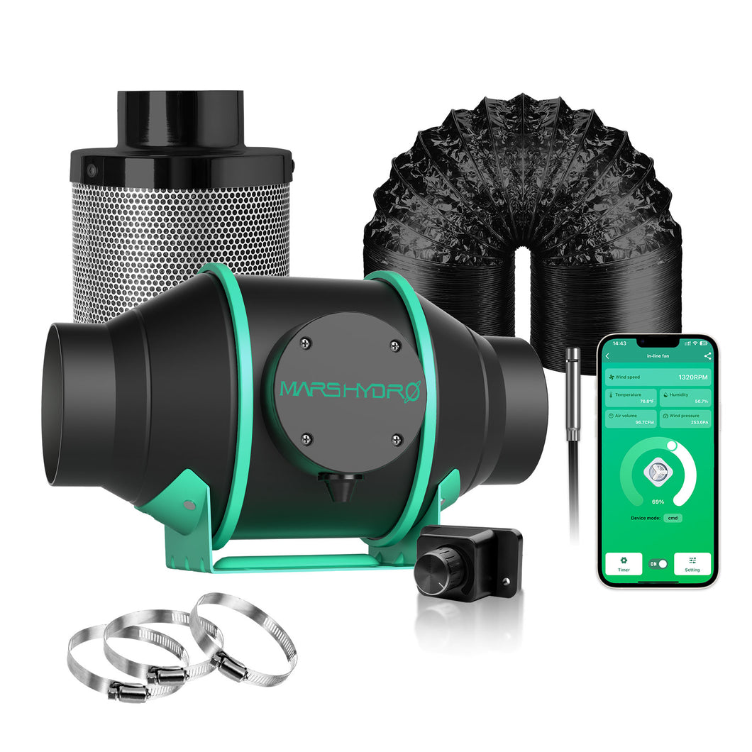 Mars Hydro iFresh 4-Inch Smart Inline Duct Fan and Carbon Filter Combo with Speed Controller